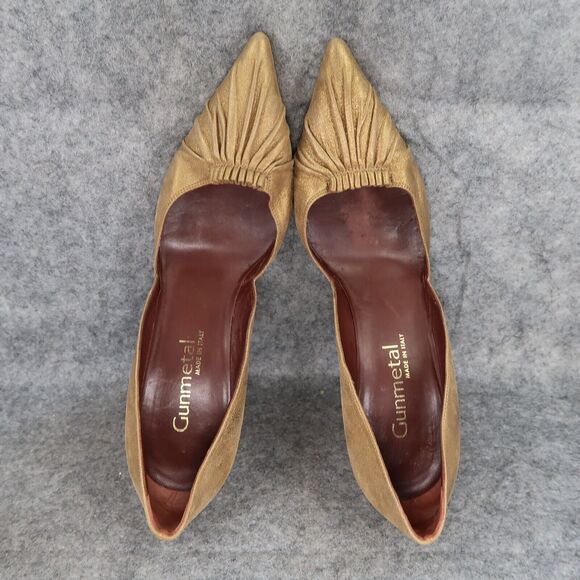 Gunmetal Shoes Womens 37.5 Pumps Fashion Stiletto Point Toe Leather Gold Formal - Picture 9 of 16